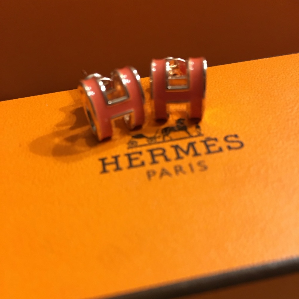 Hermès Mini Pop H Earrings Orange Enamel Rose Gold Plated Auth Box Bag & Dustbag